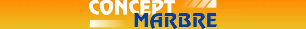 Logo officiel de Concept Marbre sur fond dégradé orange.